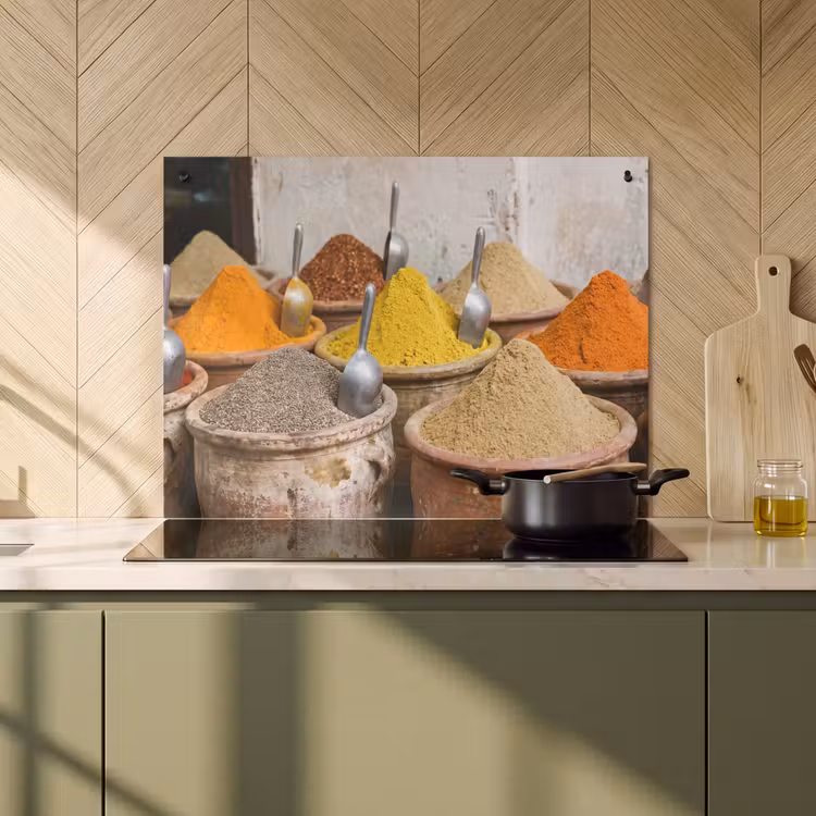 Induction Hob Cover & Splashback (2-in-1) - Herbs - Jars - Asian - Kruiden - Potten - Oosters Inductie beschemer met haakjes klein