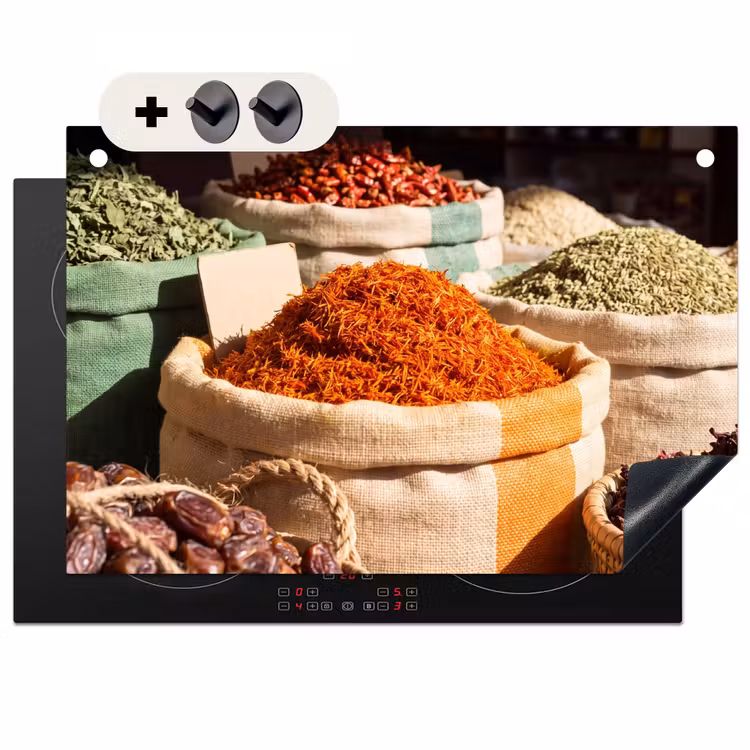 Induction Hob Cover & Splashback (2-in-1) - Herbs - Market - Colorful - Kruiden - Markt - Kleurrijk Inductie beschemer met haakjes klein