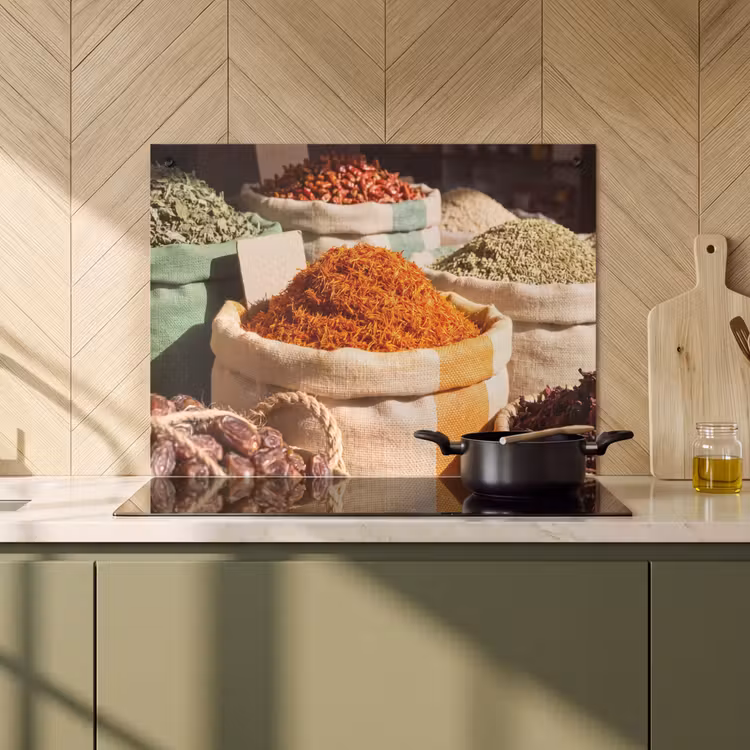 Induction Hob Cover & Splashback (2-in-1) - Herbs - Market - Colorful - Kruiden - Markt - Kleurrijk Inductie beschemer met haakjes klein