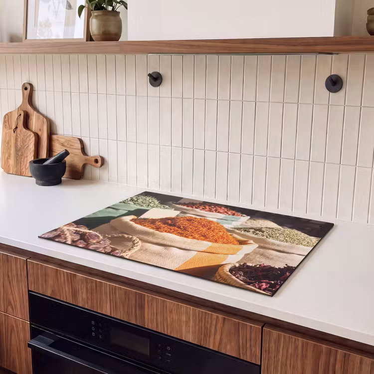 Induction Hob Cover & Splashback (2-in-1) - Herbs - Market - Colorful - Kruiden - Markt - Kleurrijk Inductie beschemer met haakjes klein