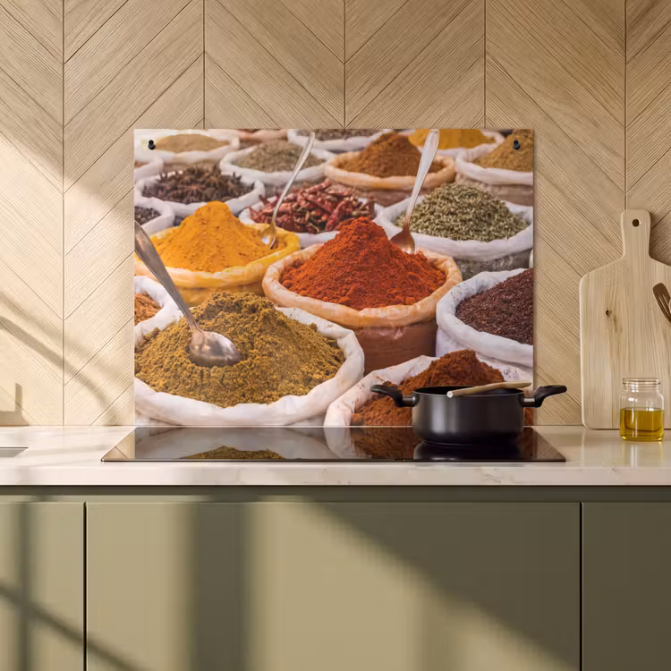 Induction Hob Cover & Splashback (2-in-1) - Herbs - Market - Food - Kruiden - Markt - Eten Inductie beschemer met haakjes klein