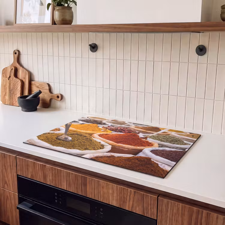 Induction Hob Cover & Splashback (2-in-1) - Herbs - Market - Food - Kruiden - Markt - Eten Inductie beschemer met haakjes klein