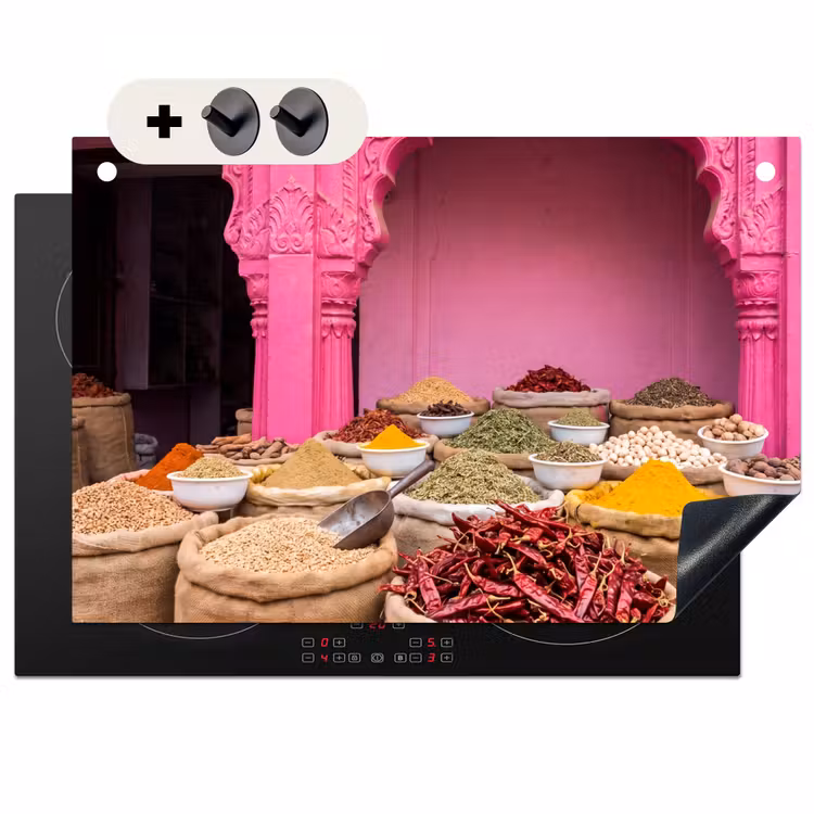 Induction Hob Cover & Splashback (2-in-1) - Herbs - Market - Pink - Kruiden - Markt - Roze Inductie beschemer met haakjes klein