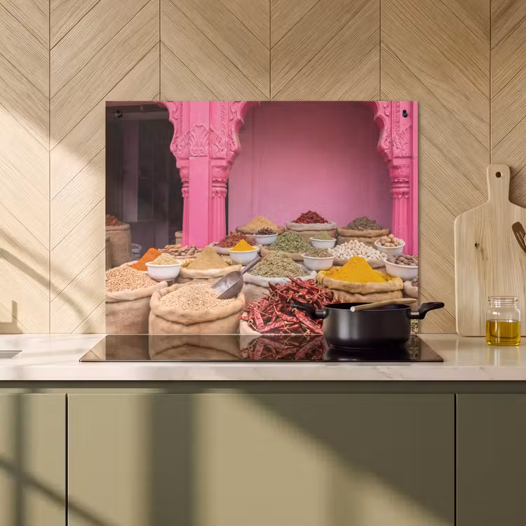 Induction Hob Cover & Splashback (2-in-1) - Herbs - Market - Pink - Kruiden - Markt - Roze Inductie beschemer met haakjes klein