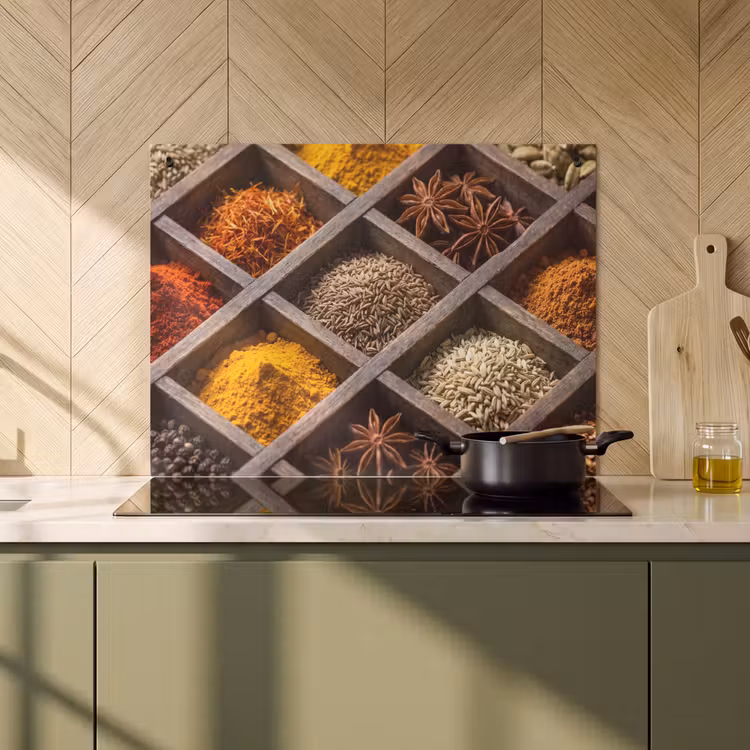 Induction Hob Cover & Splashback (2-in-1) - Herbs - Wood - Food - Kruiden - Houten - Eten Inductie beschemer met haakjes klein
