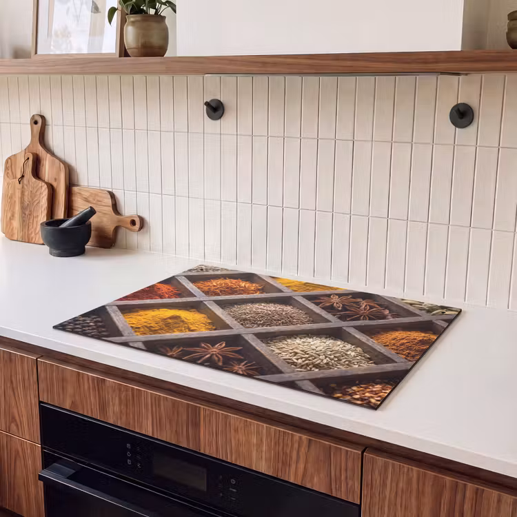 Induction Hob Cover & Splashback (2-in-1) - Herbs - Wood - Food - Kruiden - Houten - Eten Inductie beschemer met haakjes klein