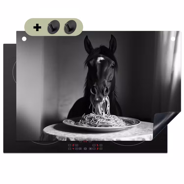 Paard - Bord - Pasta - Tafelkleed - Zwart Wit - Dieren Inductie beschemer met haakjes klein -3d
