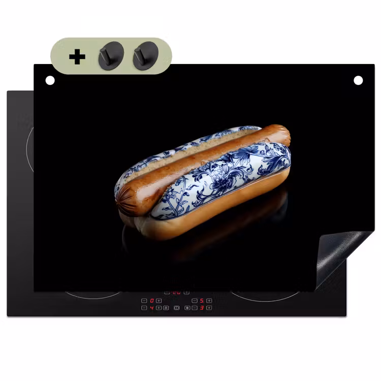 Hotdog - Porselein - Delfts blauw - Eten Inductie beschemer met haakjes klein -3d