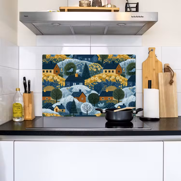 Huisjes - Bloemen - Patroon - Geel - Blauw Inductie beschemer met haakjes klein 777 -sfeer2