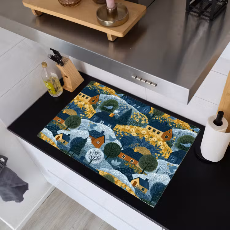 Huisjes - Bloemen - Patroon - Geel - Blauw Inductie beschemer met haakjes klein 777 -sfeer1