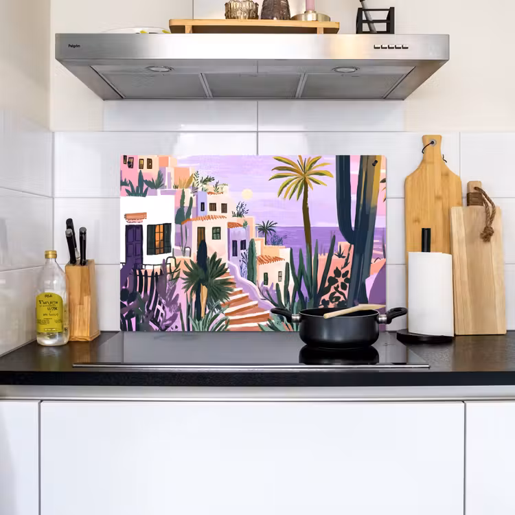 Huizen - Minimalistisch - Palmbomen - Kust Inductie beschemer met haakjes klein -sfeer2