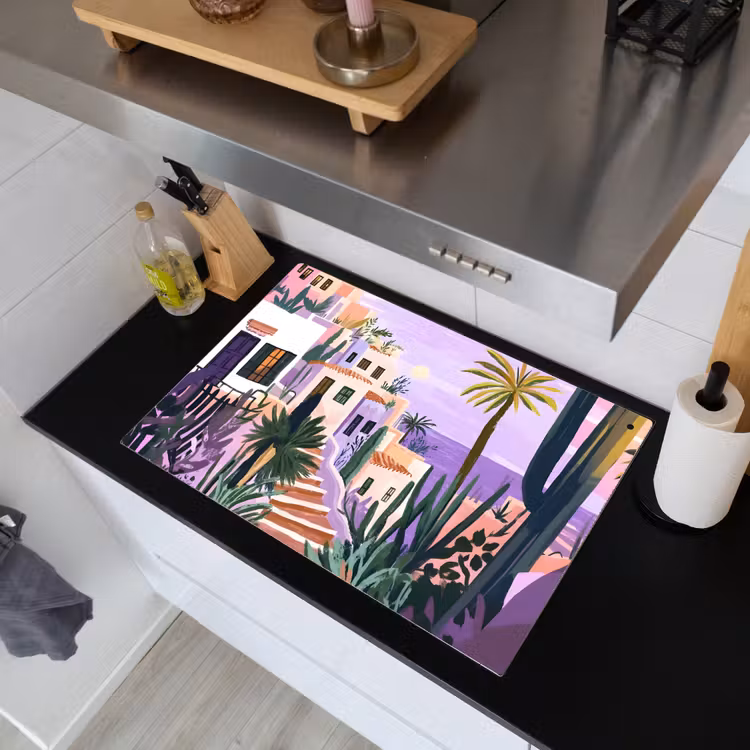 Huizen - Minimalistisch - Palmbomen - Kust Inductie beschemer met haakjes klein -sfeer1