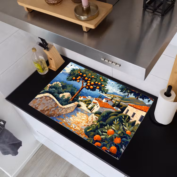 Huizen - Mozaïek - Sinaasappelbomen - Zee Inductie beschemer met haakjes klein -sfeer1