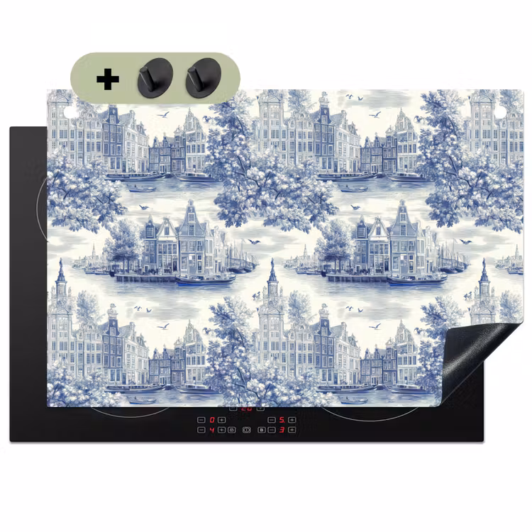 Huizen - Bomen - Water - Vogels - Blauw Inductie beschemer met haakjes klein 777 -3d