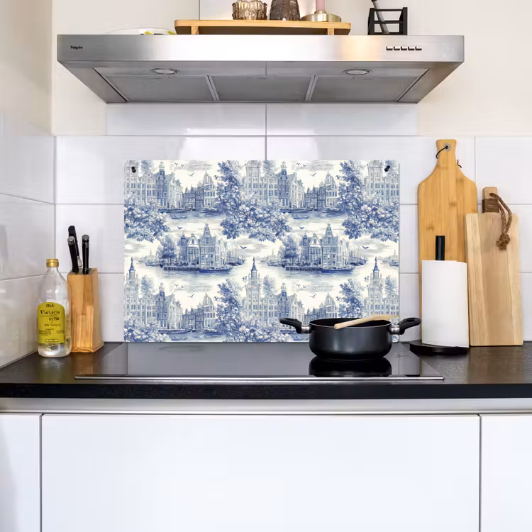 Huizen - Bomen - Water - Vogels - Blauw Inductie beschemer met haakjes klein 777 -sfeer2