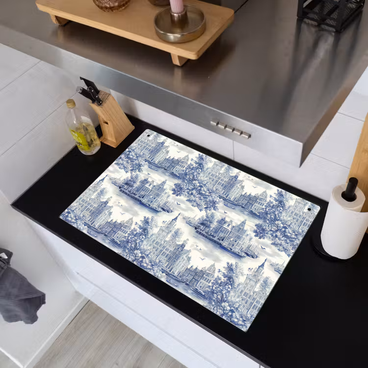 Huizen - Bomen - Water - Vogels - Blauw Inductie beschemer met haakjes klein 777 -sfeer1