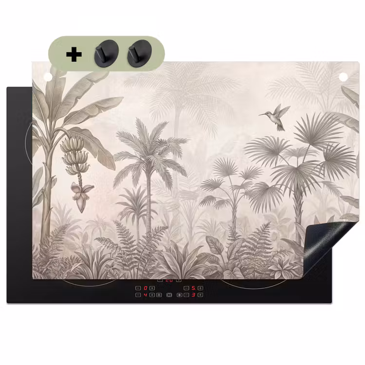 Jungle - Banenboom - Kolibrie - Beige Inductie beschemer met haakjes klein -3d