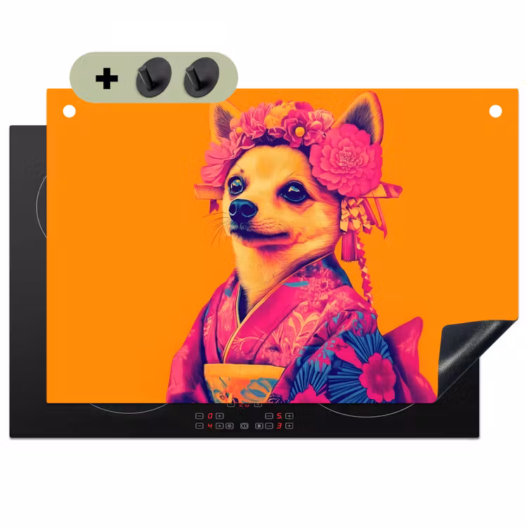Kimono - Hondje - Bloemenkroon - Oranje Inductie beschemer met haakjes klein -3d