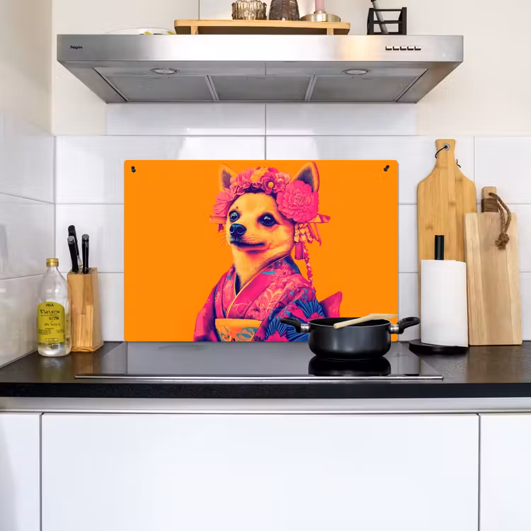 Kimono - Hondje - Bloemenkroon - Oranje Inductie beschemer met haakjes klein -sfeer2