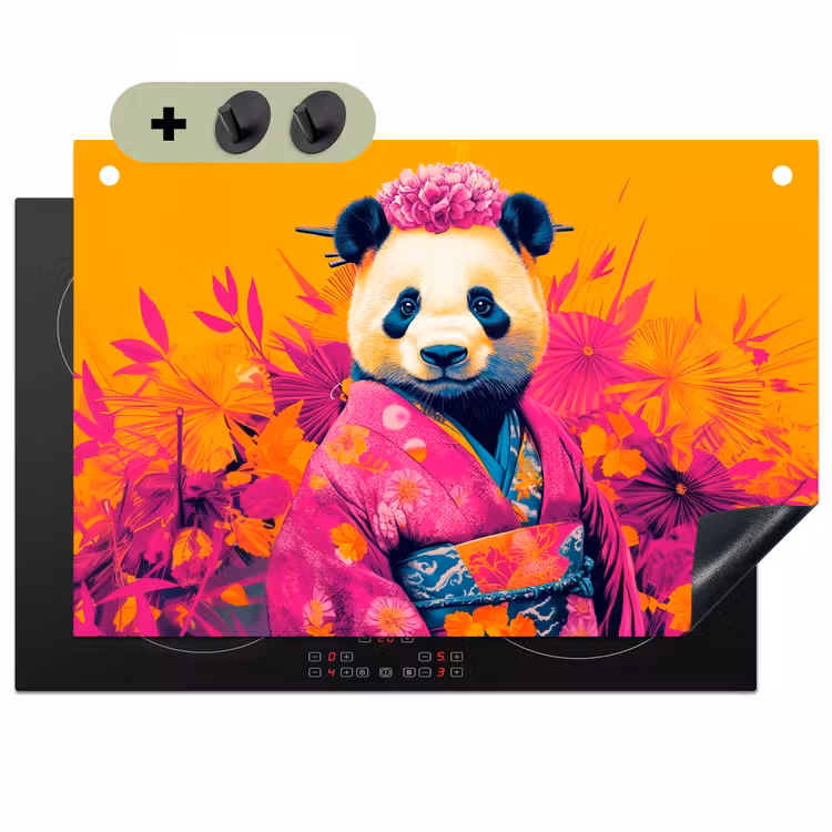 Kimono - Roze - Panda - Bloemenkroon Inductie beschemer met haakjes klein -3d