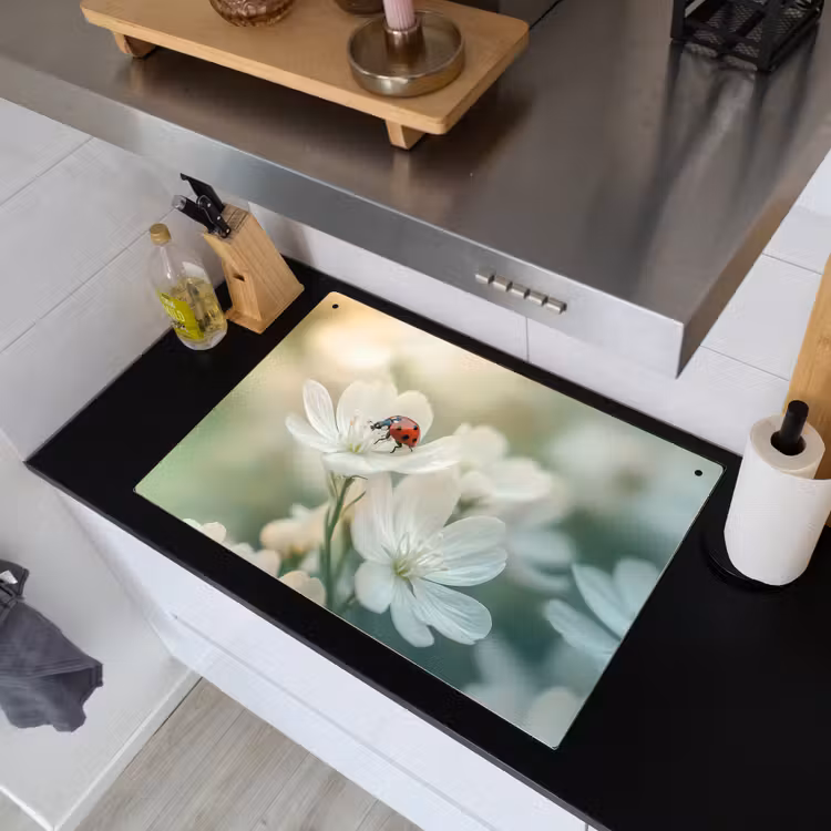 Lieveheersbeestje - Bloemen - Wit Inductie beschemer met haakjes klein -sfeer1