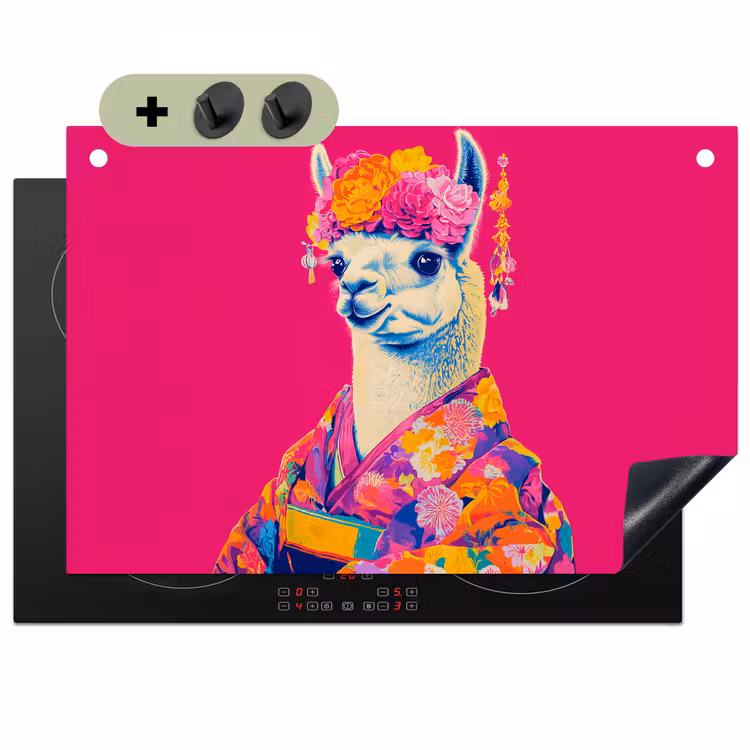 Lama - Kimono - Bloemenkrans - Felroze Inductie beschemer met haakjes klein -3d