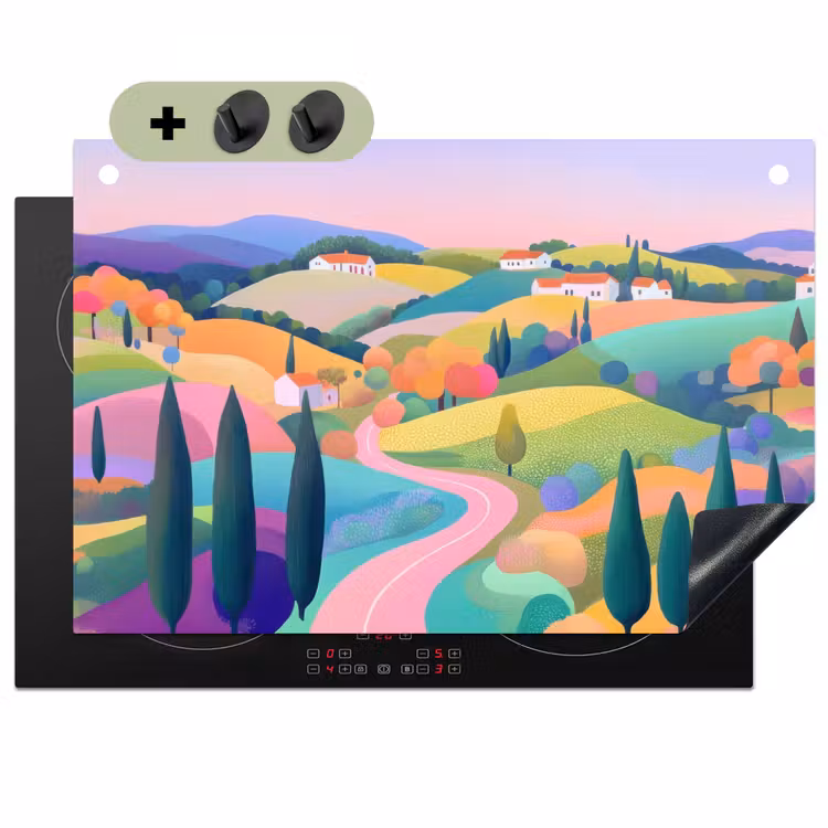 Landschap - Paars - Pastel - Huizen Inductie beschemer met haakjes klein -3d