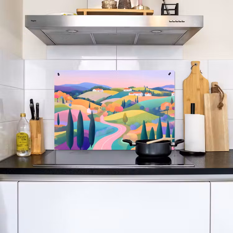 Landschap - Paars - Pastel - Huizen Inductie beschemer met haakjes klein -sfeer2