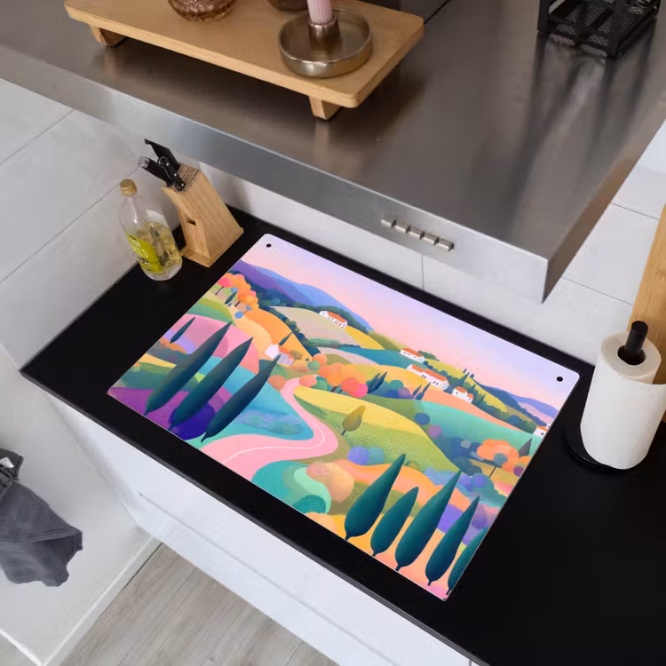 Landschap - Paars - Pastel - Huizen Inductie beschemer met haakjes klein -sfeer1