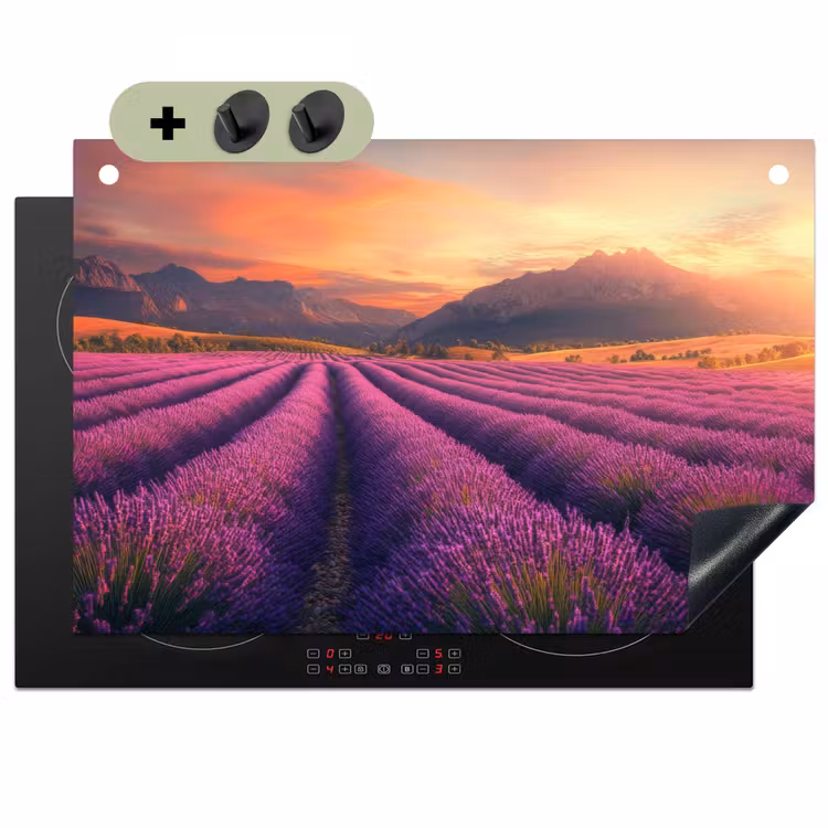 Lavendelveld - Zonsondergang - Paars Inductie beschemer met haakjes klein -3d