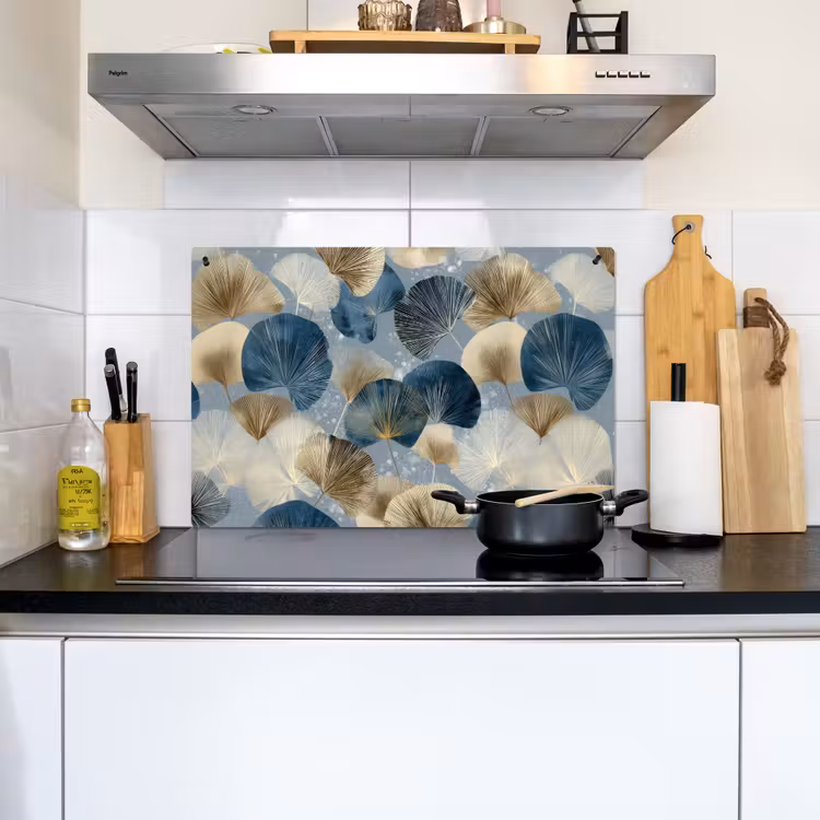 Bladeren - Abstract - Goud - Blauw Inductie beschemer met haakjes klein -sfeer2