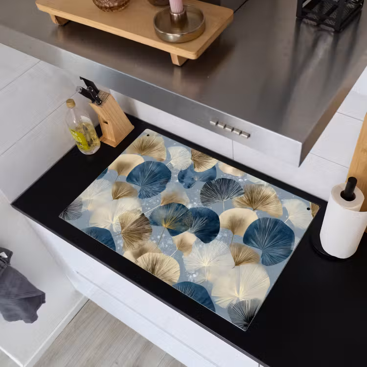 Bladeren - Abstract - Goud - Blauw Inductie beschemer met haakjes klein -sfeer1