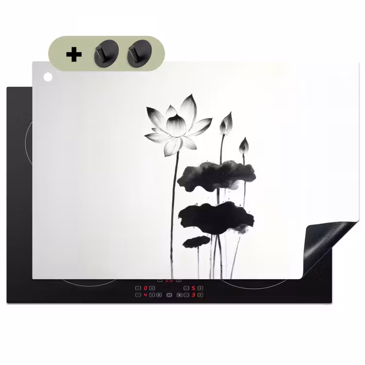 Bladeren - Zwart - Lotusbloem - Minimalitisch Inductie beschemer met haakjes klein -3d