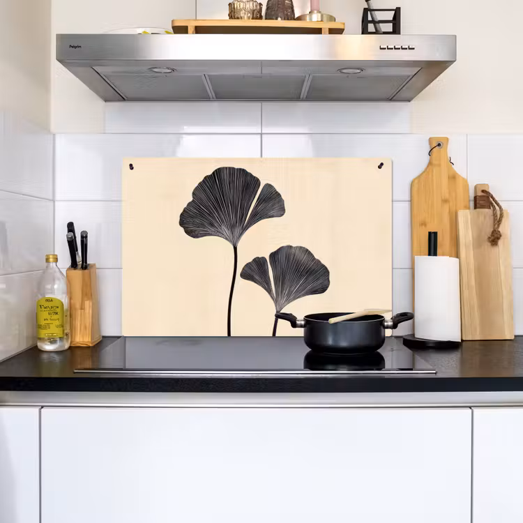 Bladeren - Minimalistisch - Zwart Inductie beschemer met haakjes klein -sfeer2