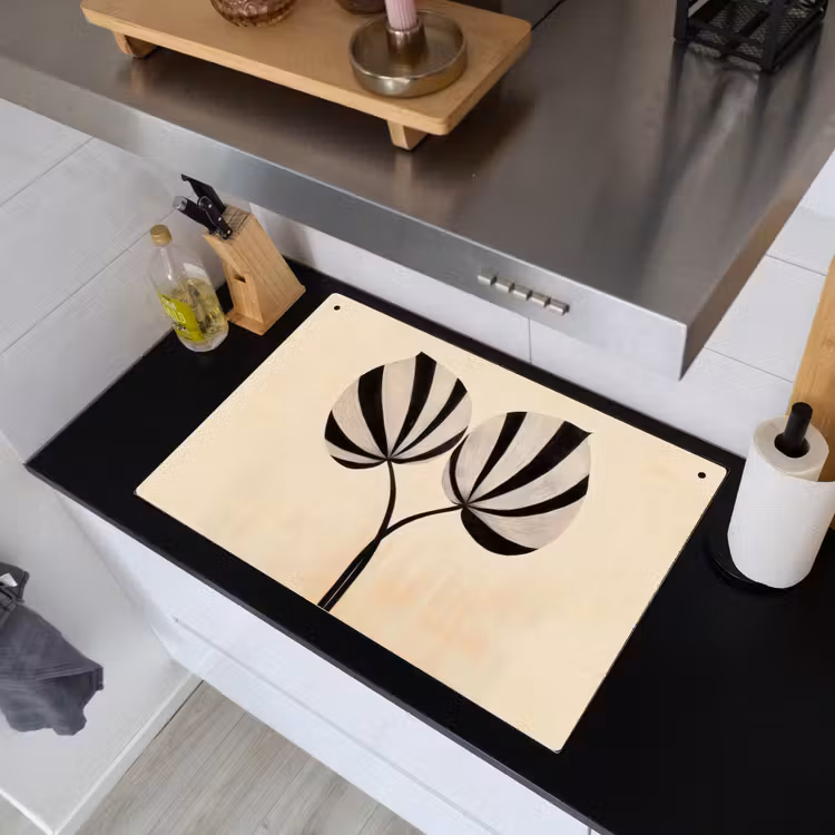 Bladeren - Gestreept - Stengel - Beige Inductie beschemer met haakjes klein -sfeer1