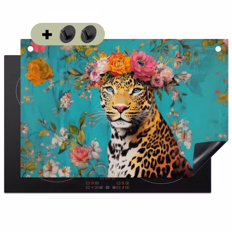 Luipaard - Bloemen - Kroon Inductie beschemer met haakjes klein -3d