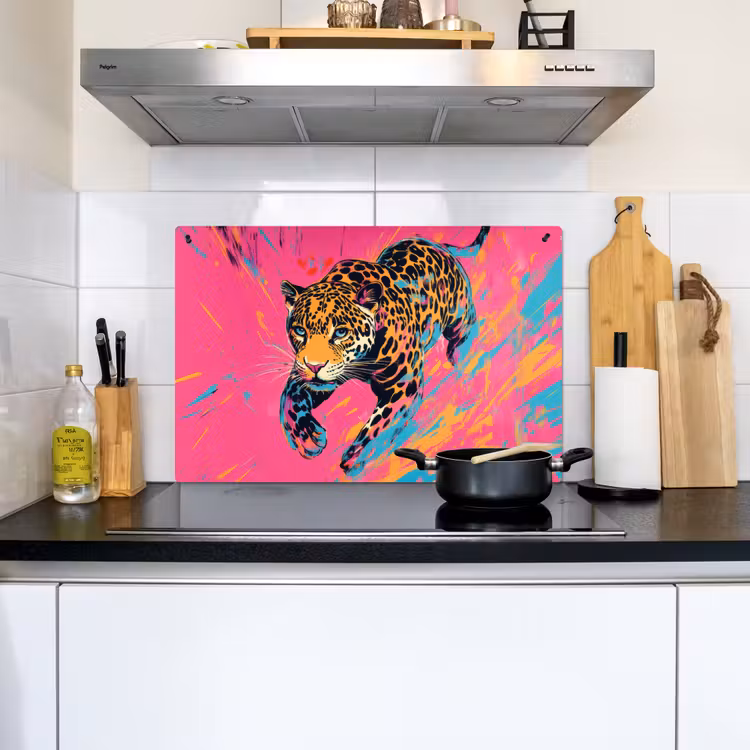 Luipaard - Roze - Oranje - Blauw - Verf Inductie beschemer met haakjes klein -sfeer2