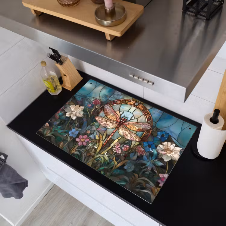 Libelle - Mozaïek - Bloemen - Kleurrijk Inductie beschemer met haakjes klein -sfeer1
