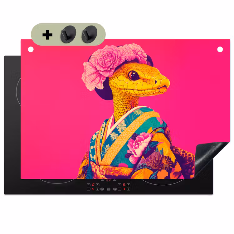 Hagedis - Bloemen - Roze - Kimono Inductie beschemer met haakjes klein -3d
