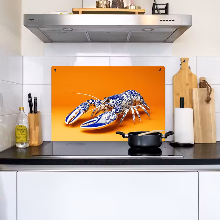 Kreeft - Delftsblauw - Schild - Stoer - Oranje Inductie beschemer met haakjes klein -sfeer2
