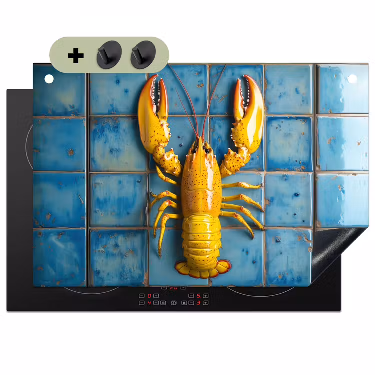 Kreeft - Geel - Blauw - Tegels Inductie beschemer met haakjes klein -3d