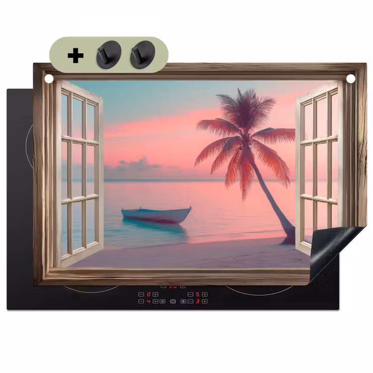 Doorkijk - Strand - Palmboom - Tropisch Inductie beschemer met haakjes klein -3d