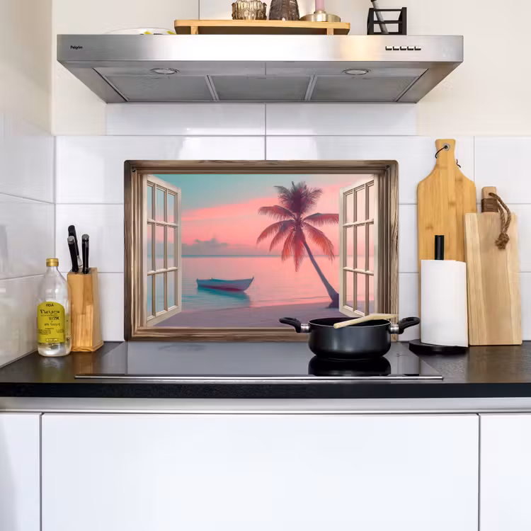 Doorkijk - Strand - Palmboom - Tropisch Inductie beschemer met haakjes klein -sfeer2