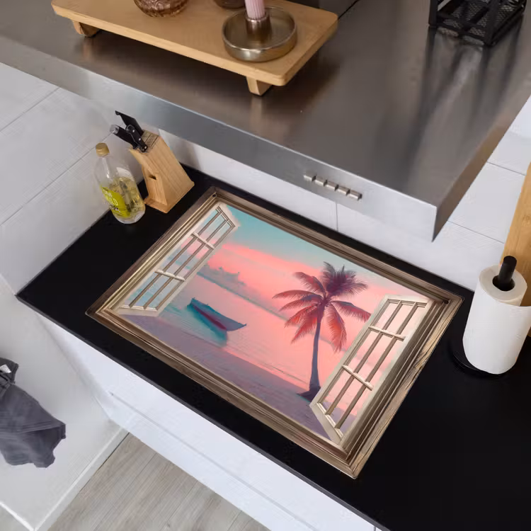 Doorkijk - Strand - Palmboom - Tropisch Inductie beschemer met haakjes klein -sfeer1