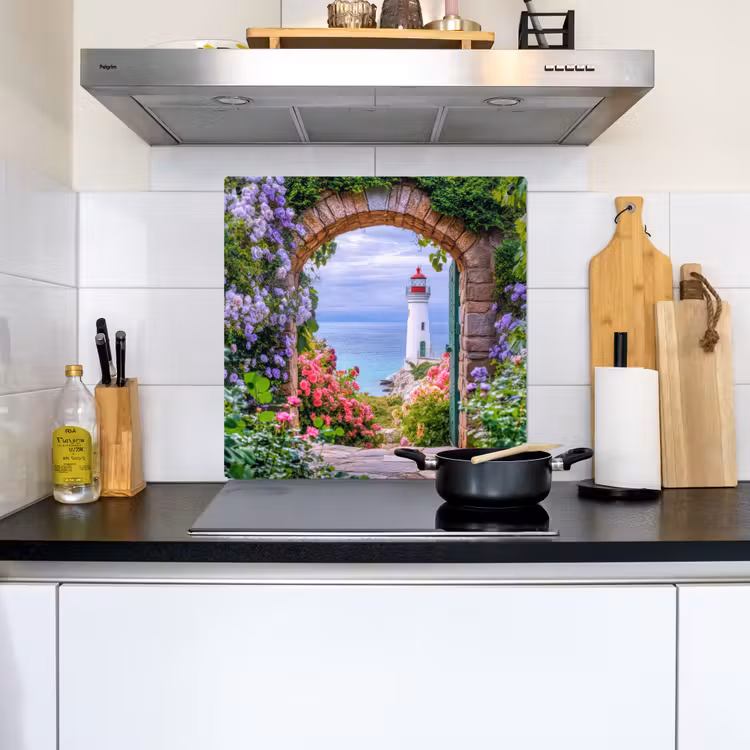 Doorkijk - Vuurtoren - Bloemen - Uitzicht Inductie beschemer met haakjes middel -sfeer2