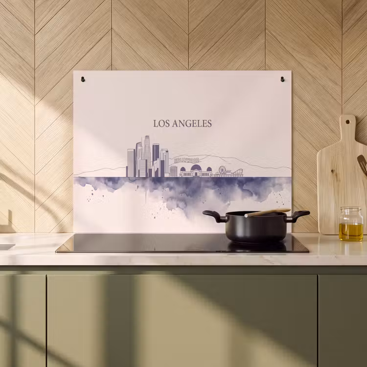 Los Angeles - Skyline - Architectuur - Aquarel - Blauw Inductie beschemer met haakjes klein -sfeer2