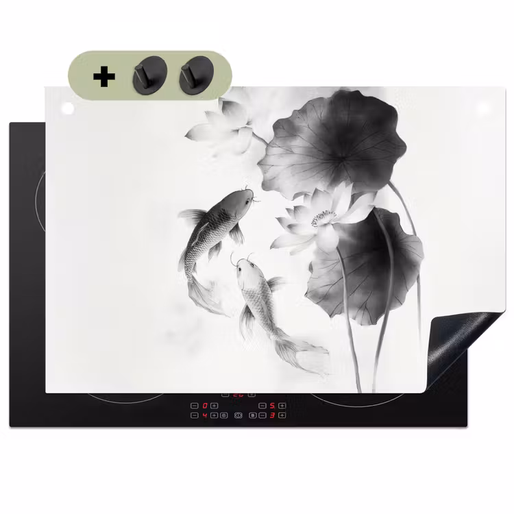 Lotusbloemen - Vissen - Bladeren - Zwart Inductie beschemer met haakjes klein -3d