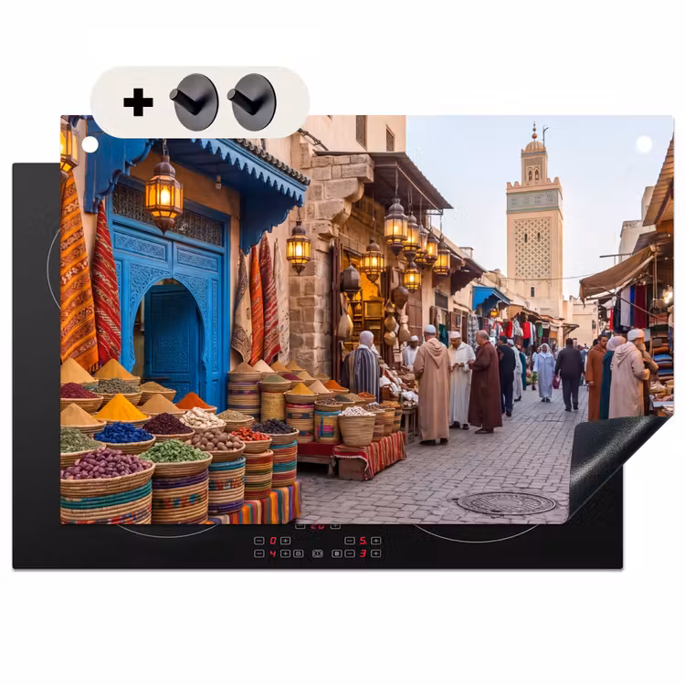 Induction Hob Cover & Splashback (2-in-1) - Market - Oriental - Colorful - Markt - Oosters - Kleurrijk Inductie beschemer met haakjes klein