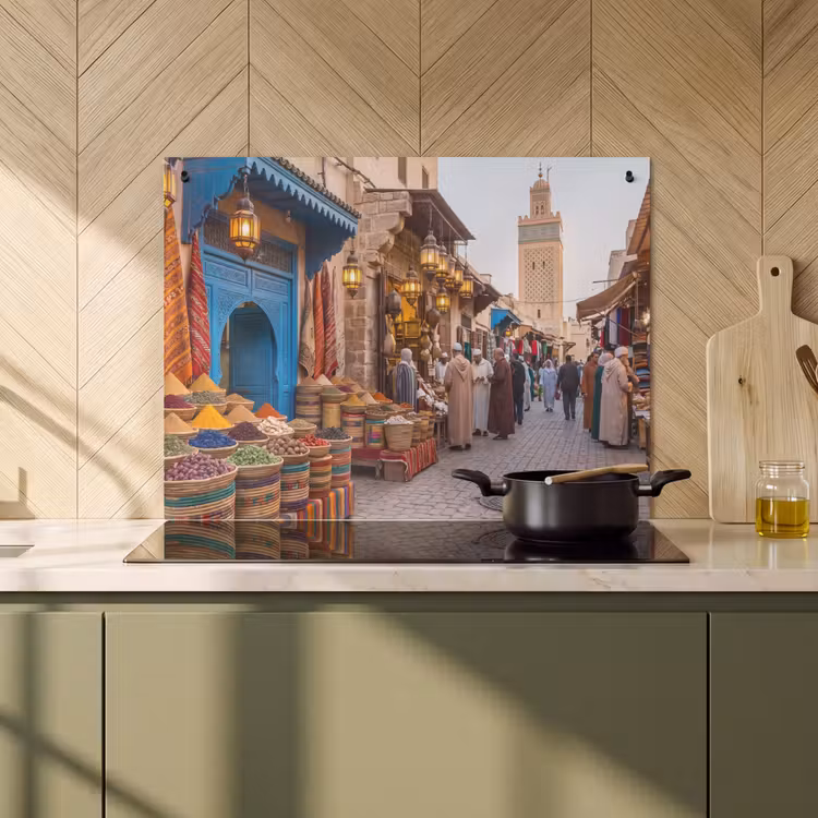 Induction Hob Cover & Splashback (2-in-1) - Market - Oriental - Colorful - Markt - Oosters - Kleurrijk Inductie beschemer met haakjes klein