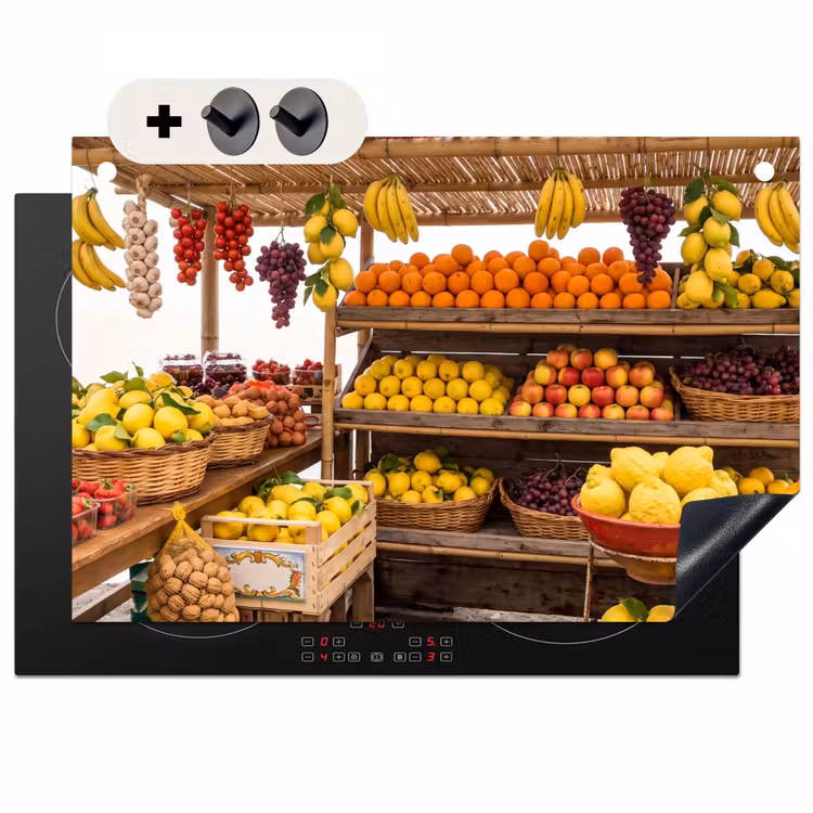 Induction Hob Cover & Splashback (2-in-1) - Market Stall - Fruit - Fresh - Marktkraam - Fruit - Vers Inductie beschemer met haakjes klein
